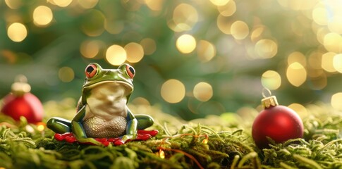 Cute frog in a holiday setting with pine cones and red baubles on moss, glowing green background with copy space, Christmas and New Year festive concept for greeting cards and seasonal designs