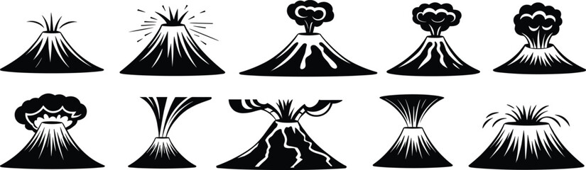 Volcano eruption silhouettes, volcanic mountain icons, lava explosion clipart, ash cloud illustration, magma flow graphic, geological disaster design, black white vector set