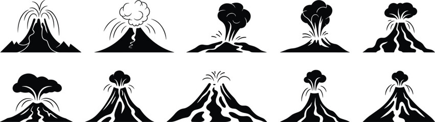 Volcano eruption silhouettes, volcanic mountain icons, lava explosion clipart, ash cloud illustration, magma flow graphic, geological hazard design, black white vector, natural disaster set