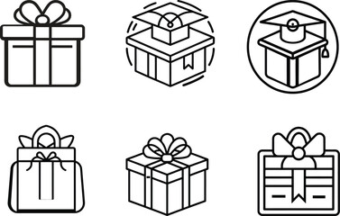 "Gift and Education Icons – Line Style Presents, Shopping Bag, Graduation Box, and Certificate"

