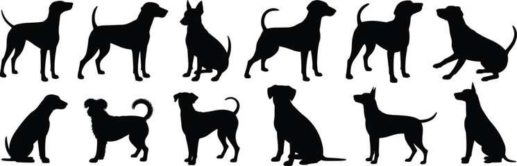 Dog silhouette set, black animal icons, various breed shapes, standing sitting lying poses, pet design, canine vector illustration, domestic animal art