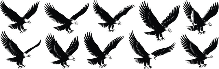Eagle silhouette illustration set, soaring and landing poses, detailed bird of prey artwork, wildlife drawing, raptor design, nature clipart, freedom symbol