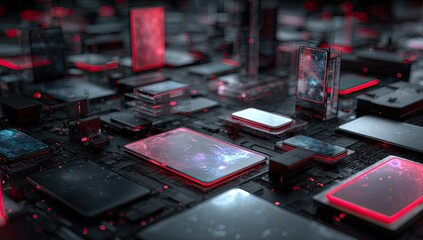 Futuristic tech landscape; glowing screens and circuit boards