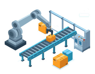 Automated industrial production line featuring a robotic arm moving boxes on a conveyor belt, showcasing modern factory technology and efficient logistics
