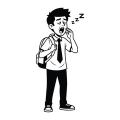 Drowsy student yawning: A black and white illustration captures a young student, burdened with a backpack, caught in a yawn, depicting the struggles of fatigue and the weariness of education.