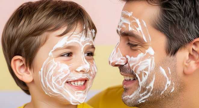 Close-up of father and son with shaving foam on their faces, smiling at each other, showcasing playful bonding and joyful family time - Powered by Adobe