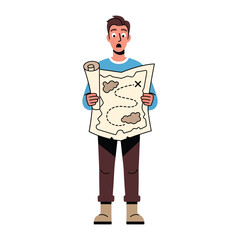 Lost Explorer: A young explorer, with an expression of confusion, holds a detailed map. He stands puzzled, conveying a sense of being disoriented on his journey