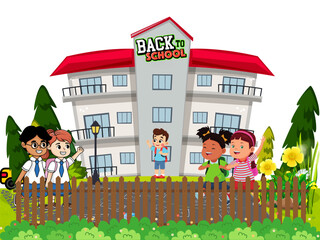 Back to School Scene: Happy Kids Waving School Supplies Against a Clean White Background