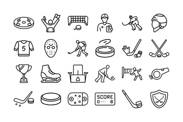 Ice Hockey Elements Vector Icon Set. Ice Hockey, Hockey Stick, Puck, Skates, Player, Goal, Hockey Jersey, Ice Rink, Helmet, Trophy, Sports Equipment, Whistle, Hockey Game, and More. Editable Stroke. 