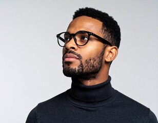 Fototapeta premium Thoughtful African American Man in Black Turtleneck and Glasses.