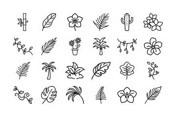 Jungle Plant Elements Vector Icon Set. Jungle, Leaves, Bamboo, Cactus, Flowers, Palm Tree, Plant Pot, Tropical Plants, Nature, Greenery, Exotic Plants, and More. Editable Stroke. Vector Illustration.