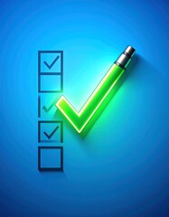 Bright green checkmark over checklist boxes on blue background