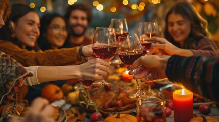 Group of friends toasting with red wine glasses at an outdoor autumn party, cheerful celebration around a table full of food, drinks, and festive decorations, blurred background scene