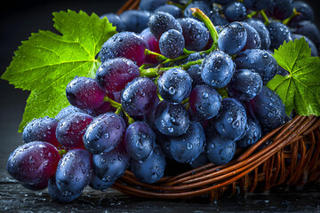 Fototapeta premium Fresh Water Droplets on Grapes in a Basket