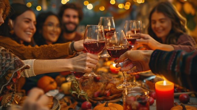 Group of friends toasting with red wine glasses at an outdoor autumn party, cheerful celebration around a table full of food, drinks, and festive decorations, blurred background scene - Powered by Adobe