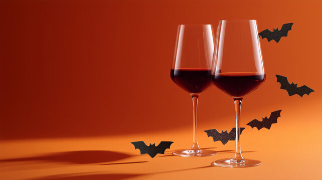 オレンジ背景に赤ワインのグラス二脚とコウモリ