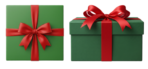 Collection of Green gift boxes adorned with a vibrant red ribbon, perfect for Christmas, birthday parties, or holiday celebrations; isolated on a white or transparent background