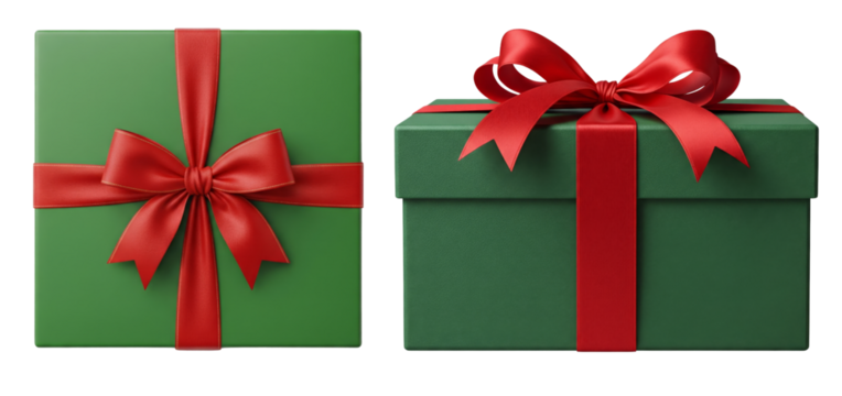 Collection of Green gift boxes adorned with a vibrant red ribbon, perfect for Christmas, birthday parties, or holiday celebrations; isolated on a white or transparent background - Powered by Adobe