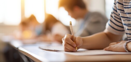 The student writing notes during an examination in a sunlit classroom.