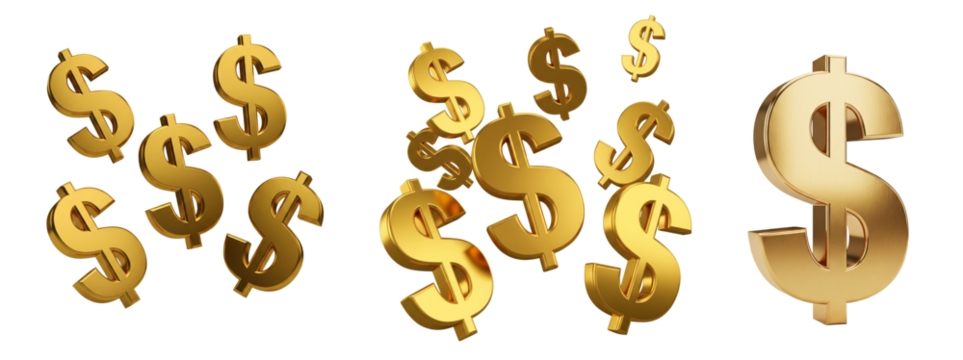Collection of Golden dollar symbols isolated on white or transparent background