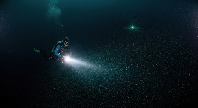 Diver with flashlight swimming near shark