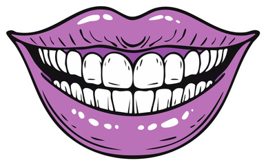 Obraz premium Smiling lips with teeth illustration. Pop art style of a mouth with healthy teeth and gloss