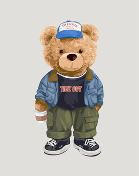 cute bear doll in denim jacket and cargo pant vector illustration