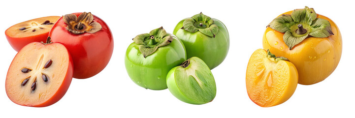 Set of yellow,red,green persimmon with cut out isolated on a transparent background