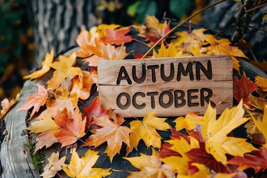 Bright maple leaves in red, yellow, and orange fall tones forming a background with bold AUTUMN OCTOBER text, seasonal decorative concept for greeting cards, posters, and artwork