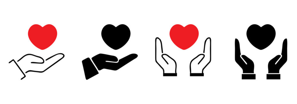 Heart in hand icons set. Hands holding heart icon. Love icon. Health, medicine symbol. Healthcare hands holding heart flat and line style - stock vector