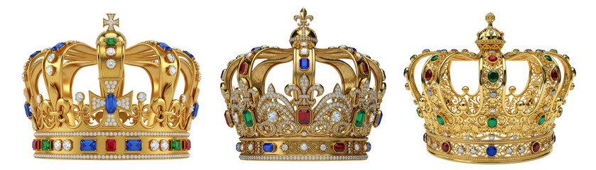 Collection of Elegant golden crowns designed for royalty, perfect for a King or Queen, displayed on a white or transparent background