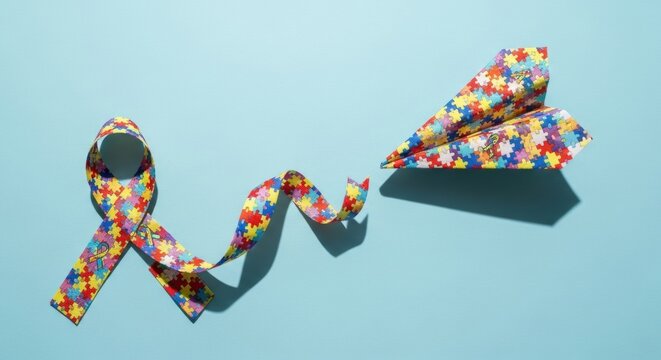 Autism Awareness: Puzzle Ribbon and Paper Airplane on Light Blue Background