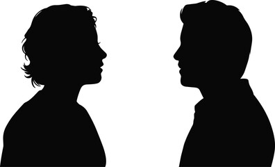 Silhouette man and woman face to face, profile view, couple conversation, human communication, relationship concept, talking people, social interaction, discussion