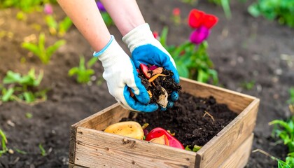 Naklejka premium Hands in gloves adding compost to a wooden box