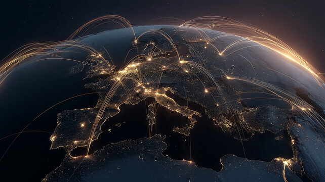 交易の光が走る地球の通信網図