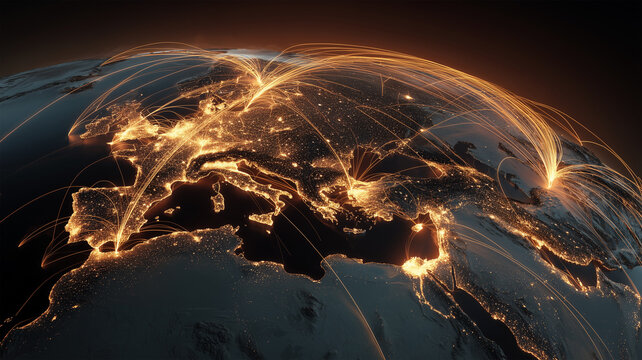交易の光が走る地球の通信網図