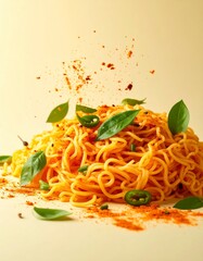 noodle mess with curry leaves and green chilli bits