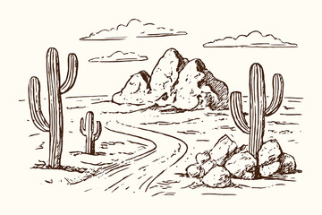 Black and white desert line illustration with cacti, rocky outcrops and a winding dirt road leading toward distant mountains and clouds.