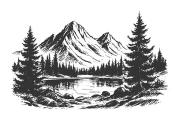 Black and white line drawing of pine trees framing a calm lake that reflects mountains and treeline serene reflective landscape. © Chairul