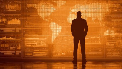 Silhouette of a man reviewing global data analytics