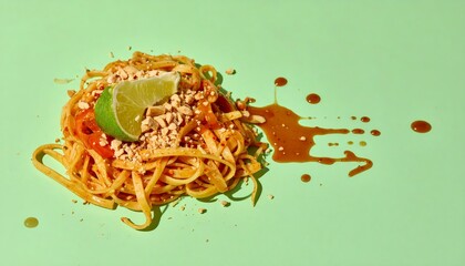 noodles tangled with crushed peanuts and lime