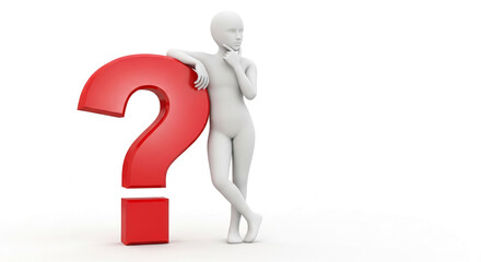 White figure leans against large red question mark, pondering decision, symbolizing inquiry, uncertainty, problem-solving, thought process, choice