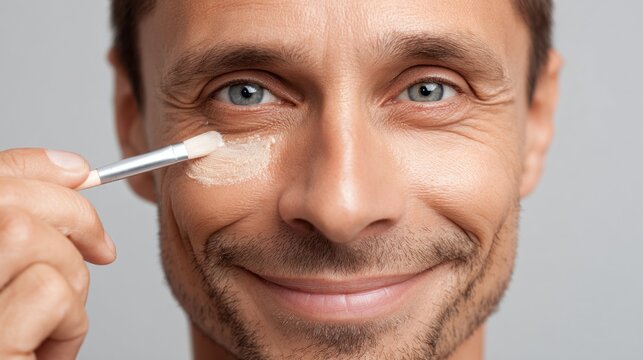 Man applying concealer under his eyes while smiling in a soft-lit space, focusing on skincare routine and grooming techniques