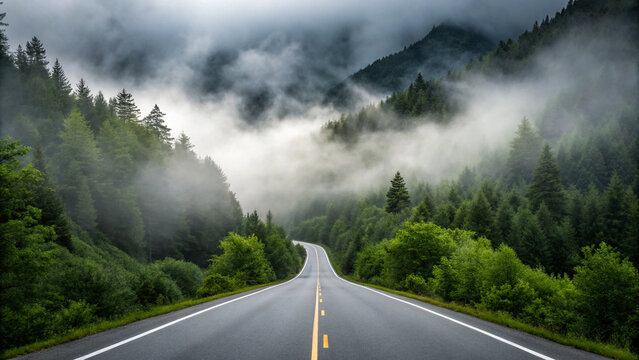 Winding Mountain Road Through Foggy Forest with Dense Green Trees mist