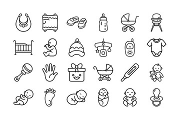 Newborn Baby Vector Icon Set. Baby Items, Maternity, Parenting, Infant Accessories, Baby Gear, Nursery, Gifts, Baby Care, and More. Editable Stroke. Vector Illustration.
