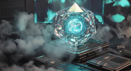 Close-up of a data crystal on a futuristic server rack. The crystal is holographic and iridescent, with luminous blue streams of data flowing inside it. - Powered by Adobe