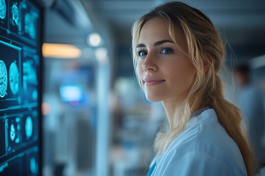 Confident Female Medical Professional Leveraging Cutting-Edge AI in Radiology: Analyzing Advanced Brain Scans on Digital Displays to Drive Precision Diagnostics and Healthcare Innovation.