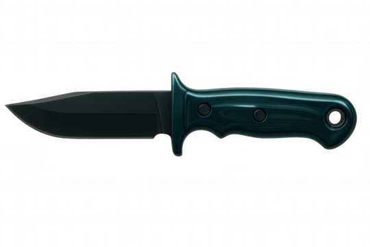 Sharp hunting knife with black blade, green textured handle, designed for wilderness survival and tactical outdoor use on clean transparent background