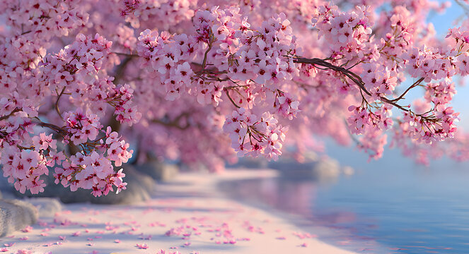春の光浴びる淡いピンク桜満開 (Haru no hikari abiru awai pinku sakura mankai) Translation: Pale pink cherry blossoms in full bloom, bathed in spring light.. AI Generated