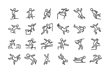 Parkour Vector Icon Set. Jumping, Running, Climbing, Urban Sports, Parkour Athlete, Free Running, Obstacles, Physical Activity, Extreme Sports, Fitness, and More. Editable Stroke.